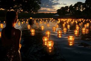 bougies sur le rivière. milliers de bougies flottant dans le rivière. loy Krathong Festival dans chiang Mai, Thaïlande. ai génératif photo