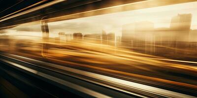 mouvement brouiller de une train en mouvement par le le sable dunes à le coucher du soleil. ai génératif photo