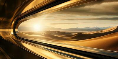 mouvement brouiller de une train en mouvement par le le sable dunes à le coucher du soleil. ai génératif photo