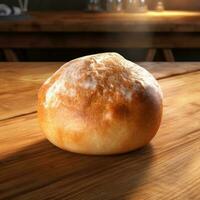 fraîchement cuit pain sur en bois table dans boulangerie ou café, fermer. ai génératif photo