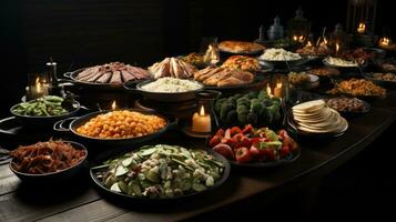 traditionnel turc et grec dîner apéritif table avec Viande et des légumes. ai génératif photo