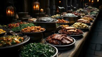 traditionnel turc et grec dîner apéritif table avec Viande et des légumes. ai génératif photo