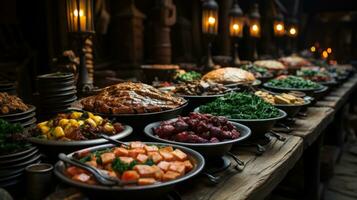 traditionnel turc et grec dîner apéritif table avec Viande et des légumes. ai génératif photo