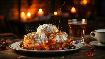 gâteau avec fouetté crème et caramel glaçage sur une en bois tableau. une verre de Cognac avec guimauves. ai génératif photo