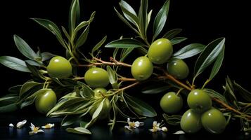 olive branche avec vert Olives sur noir Contexte. studio tir. ai génératif photo