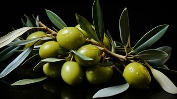 olive branche avec vert Olives sur noir Contexte. studio tir. ai génératif photo