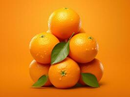 Frais des oranges avec feuilles sur Orange Contexte. peu profond ddl. l'eau gouttes sur le fruit. ai génératif photo
