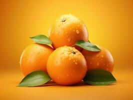 Frais des oranges avec feuilles sur Orange Contexte. peu profond ddl. l'eau gouttes sur le fruit. ai génératif photo