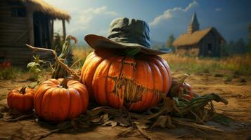 Halloween citrouilles avec chapeau sur le champ, 3d rendre. citrouille avec cow-boy chapeau sur le Contexte de un vieux en bois maison. ai génératif photo