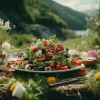 Frais légume salade dans verre bol sur en bois table dans le forêt. ai génératif photo