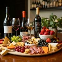 ntipasto table avec vin, fromage et craquelins. fromage plat avec raisins, prosciutto et du vin. ai génératif photo