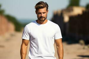 Beau Jeune homme dans blanc T-shirt sur le plage photo