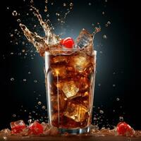 Cola avec la glace cubes et éclaboussure sur une foncé Contexte photo