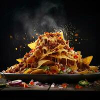 mexicain Nachos avec Viande, fromage et des légumes sur en bois tableau. photo