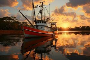 pêche bateau sur le l'eau à le coucher du soleil avec une réflexion dans l'eau et une magnifique ciel. spectaculaire ciel et magnifique la nature arrière-plan., magnifique paysage marin. photo