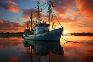 pêche bateau sur le l'eau à le coucher du soleil avec une réflexion dans l'eau et une magnifique ciel. spectaculaire ciel et magnifique la nature arrière-plan., magnifique paysage marin. photo