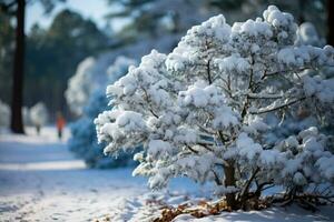 glacial arbre dans le hiver forêt. magnifique hiver paysage. pin arbre couvert avec neige dans le parc. hiver paysage. magnifique hiver Contexte. ai généré photo