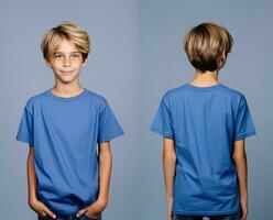 de face et retour vues de une peu garçon portant une bleu T-shirt. ai généré photo