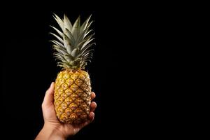 main tenir Frais ananas isolé sur une noir Contexte avec copie espace. ai généré photo