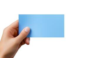 une Humain main en portant une Vide feuille de bleu papier ou carte isolé sur blanc Contexte. ai généré photo