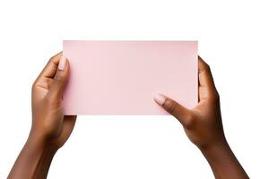 une Humain main en portant une Vide feuille de rose papier ou carte isolé sur une blanc Contexte. ai généré photo