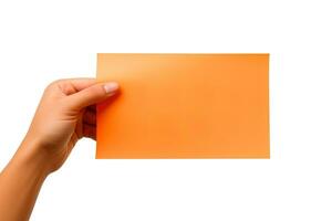 une Humain main en portant une Vide feuille de Orange papier ou carte isolé sur une blanc Contexte. ai généré photo