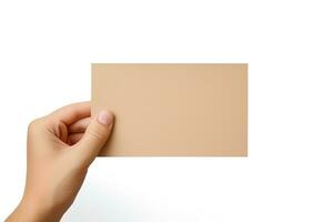 une Humain main en portant une Vide feuille de beige papier ou carte isolé sur une blanc Contexte. ai généré photo