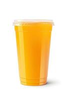Orange Couleur boisson dans une Plastique tasse isolé sur une blanc Contexte. prendre une façon les boissons concept. ai généré photo