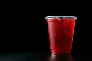 rouge boisson dans une Plastique tasse isolé sur une noir Contexte. prendre une façon les boissons concept avec copie espace. ai généré photo