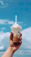 main en portant glacé café dans une Plastique tasse avec une bleu ciel et nuage Contexte. ai généré photo