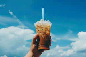 main en portant glacé café dans une Plastique tasse avec une bleu ciel et nuage Contexte. ai généré photo