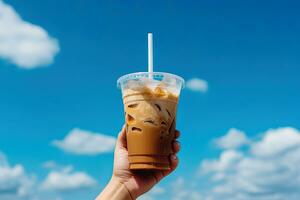 main en portant glacé café dans une Plastique tasse avec une bleu ciel et nuage Contexte. ai généré photo