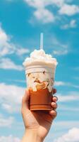 main en portant glacé café dans une Plastique tasse avec une bleu ciel et nuage Contexte. ai généré photo