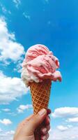 main en portant fraise la glace crème avec cône isolé sur une bleu ciel et nuage Contexte. ai généré photo