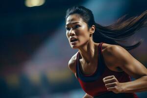 ai génératif déterminé asiatique femelle athlète dans action à une des sports arène en dessous de vibrant stade lumières photo