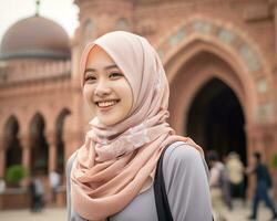 ai génératif magnifique asiatique musulman fille portant hijab photo