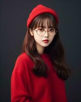ai génératif magnifique asiatique fille portant rouge chandail des lunettes et chapeau photo