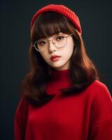 ai génératif magnifique asiatique fille portant rouge chandail des lunettes et chapeau photo