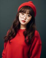 ai génératif magnifique asiatique fille portant rouge chandail des lunettes et chapeau photo