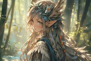 ai génératif forêt elfe avec aile et magnifique yeux dans anime style photo