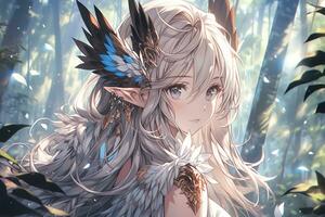 ai génératif forêt elfe avec aile et magnifique yeux dans anime style photo