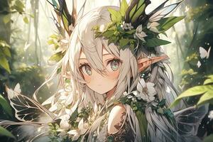 ai génératif forêt elfe avec aile et magnifique yeux dans anime style photo