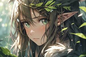 ai génératif forêt elfe avec aile et magnifique yeux dans anime style photo
