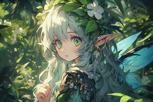 ai génératif forêt elfe avec aile et magnifique yeux dans anime style photo