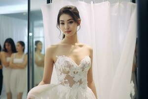 ai génératif magnifique asiatique essayer sur mariage la mariée robe dans raccord pièce photo