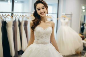 ai génératif magnifique asiatique essayer sur mariage la mariée robe dans raccord pièce photo