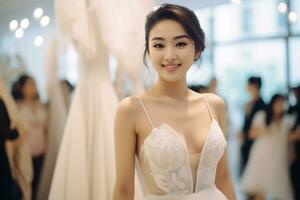 ai génératif magnifique asiatique essayer sur mariage la mariée robe dans raccord pièce photo