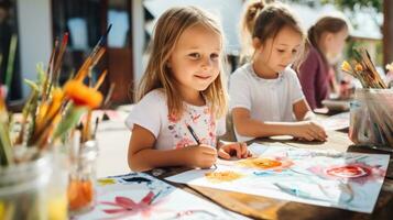 des gamins La peinture avec aquarelles à école photo