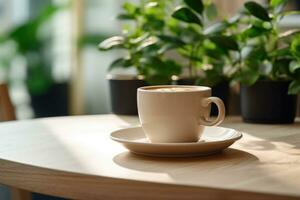 une café tasse et plante orner une table dans une confortable café magasin studio intérieur. photo