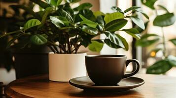 une café tasse et plante orner une table dans une confortable café magasin studio intérieur. photo